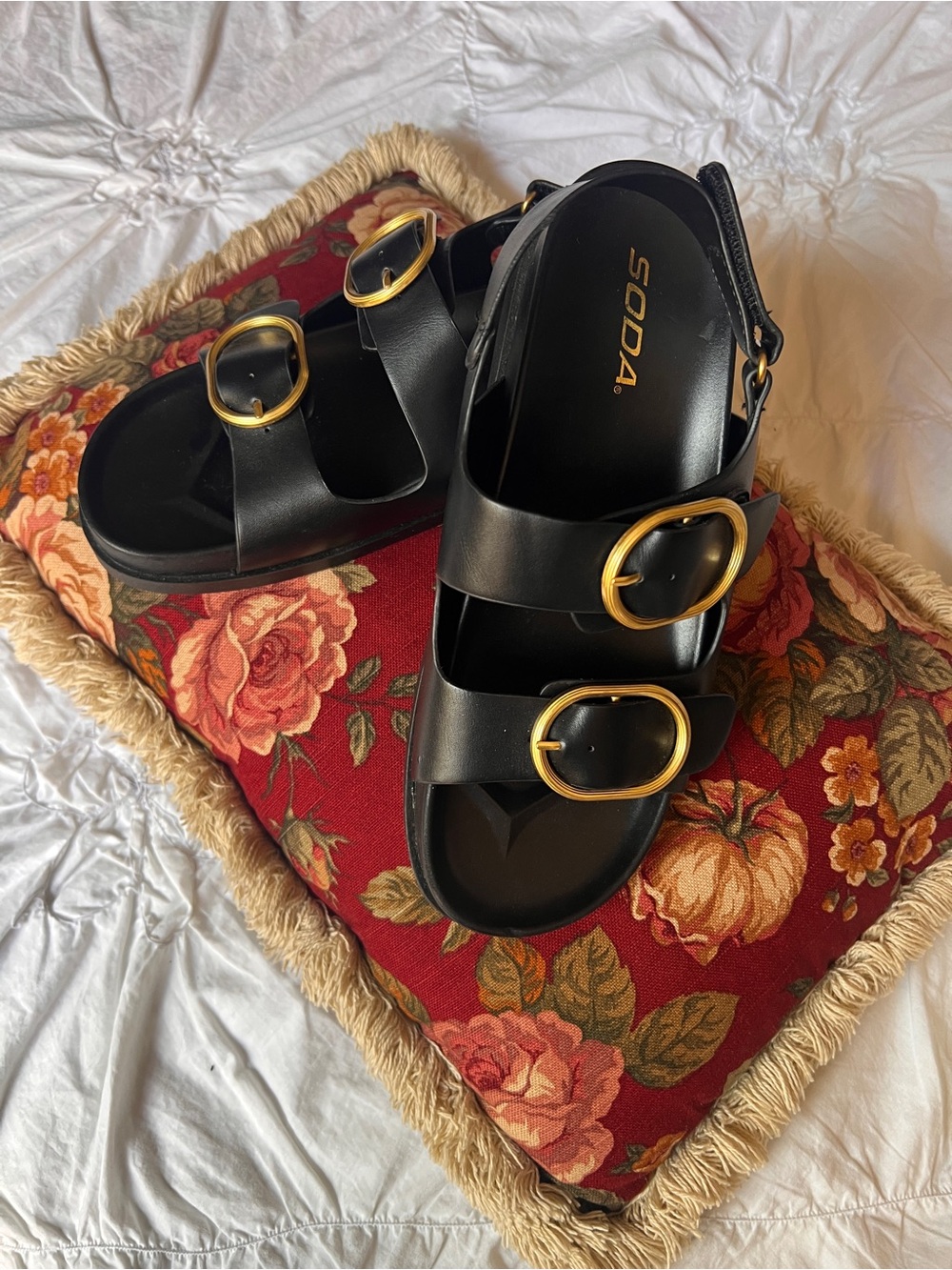 Soda Black Triple-Strap Sandals with Gold Buckles